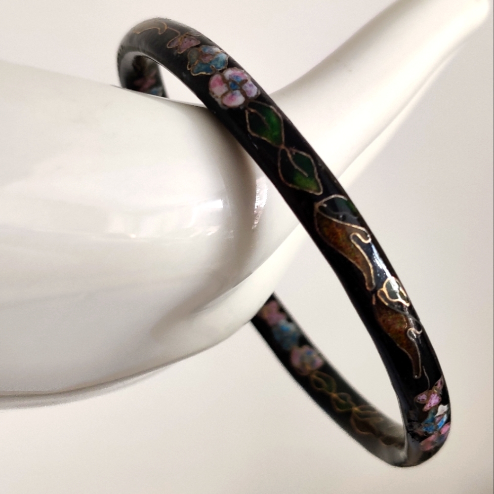 Vintage Cloisonne Enamel Floral Bangle Bracelet
